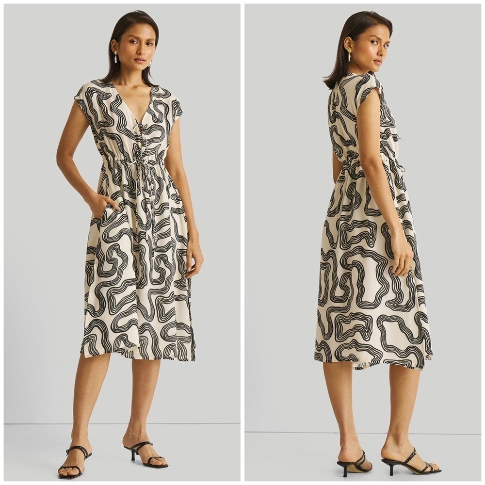 NWT Reistor Deep V-neck Gathered Dress in Geometric Black Stripes Bemberg Size S